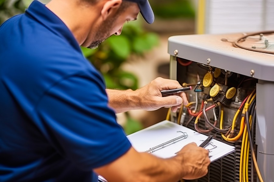 Technician working on an outdoor AC unit with clipboard in hand