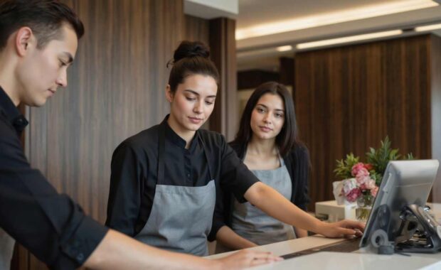 Three Concierge Employees Working Together at Desk