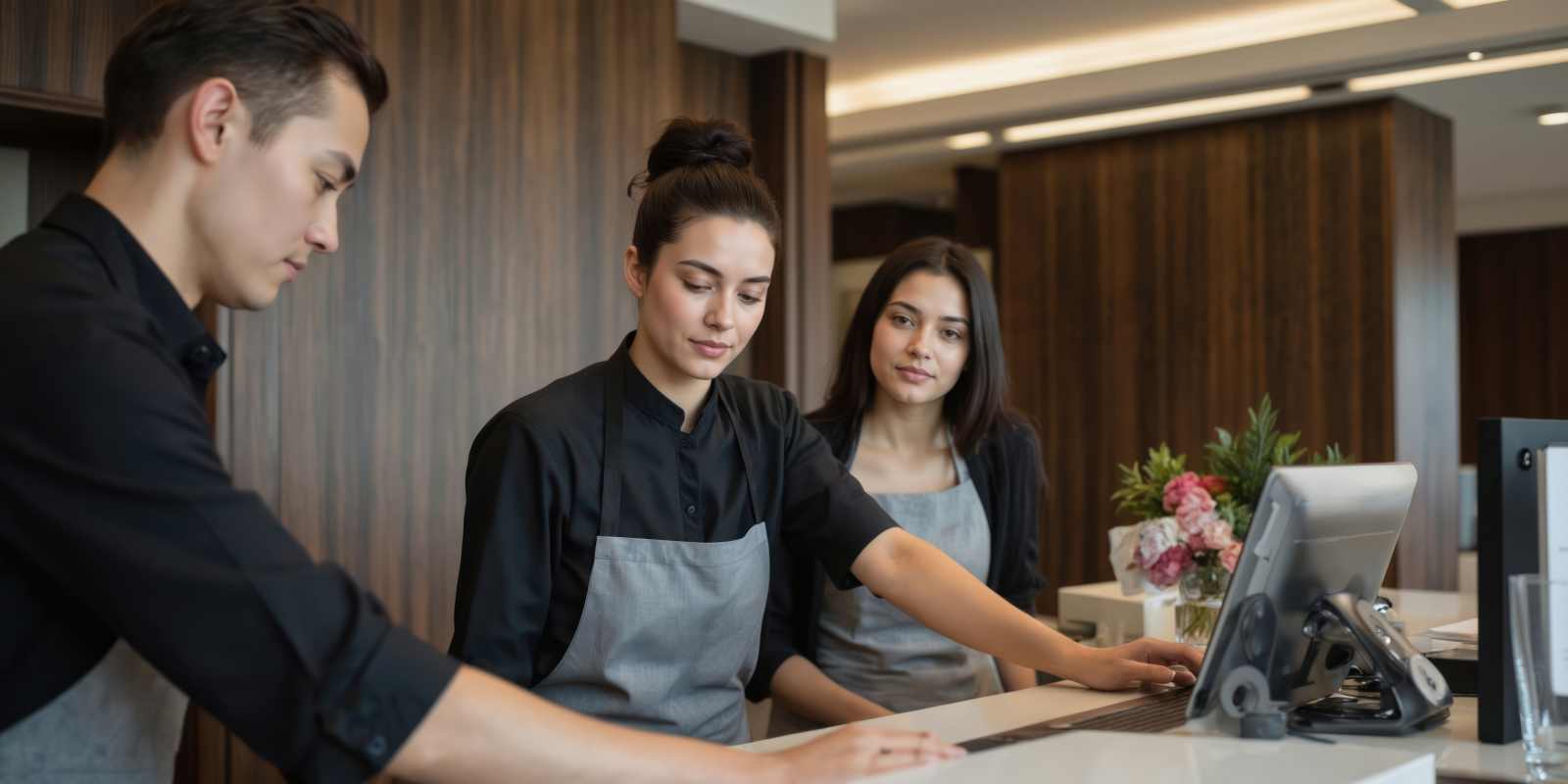 Three Concierge Employees Working Together at Desk