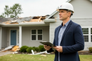 Expert Inspecting Damaged House Roof After A Thunderstrom