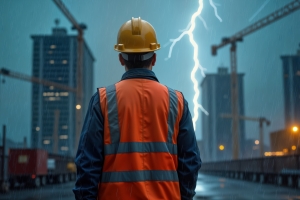 Property Management Worker Standing Focused on Site During Thunderstorm