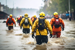 Rescue Team Going to Help People in Heavy Rain