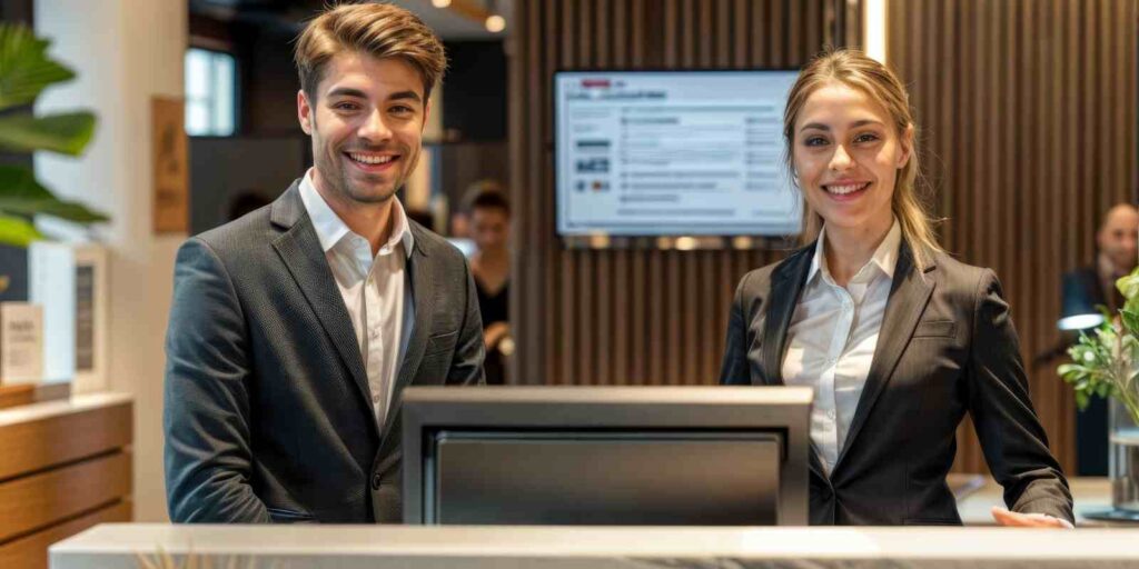 Concierge Staff Standing at A Reception Desk Smiling for Camera