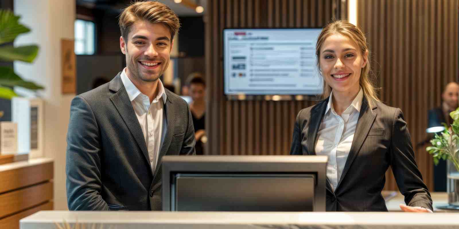 Concierge Staff Standing at A Reception Desk Smiling for Camera