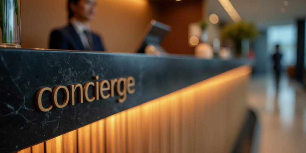 Hotel Concierge Desk with Woman Staff in Background