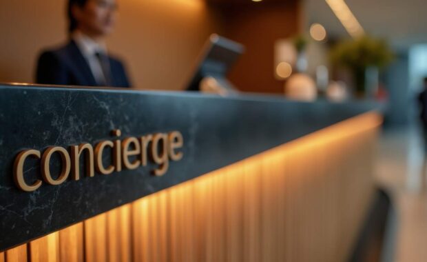 Hotel Concierge Desk with Woman Staff in Background