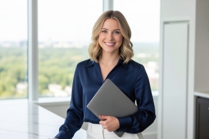 Real Estate Leasing Agent Holding Tablet Standing in an Apartment