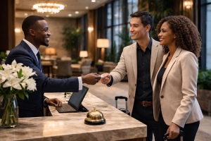 Male Concierge Attending Guest at Hotel Reception