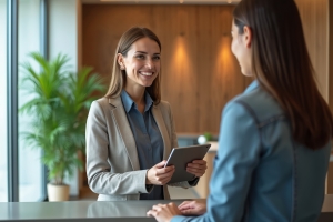 Receptionist with Tablet Greeting Guest at Hotel Reception Desk