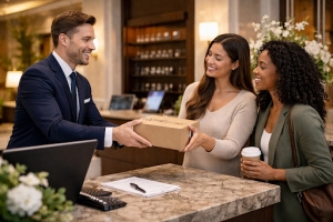 Smiling Male Concierge Giving Gift Box to Customers