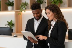 Building Concierge Staff Reviewing Information on Tablet