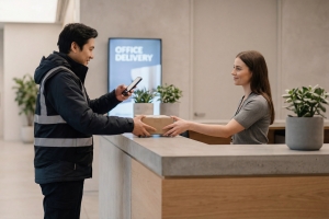 Delivery Boy Communicating with A Concierge while Passing the Package