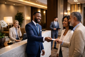 Male Concierge at Front Desk Providing Access Card to Customer