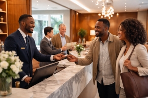 Male Concierge Getting Identity Card of Guests at His Desk