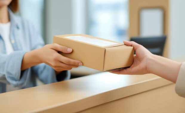 Person Handing A Cardboard Package to A Concierge Over A Counter