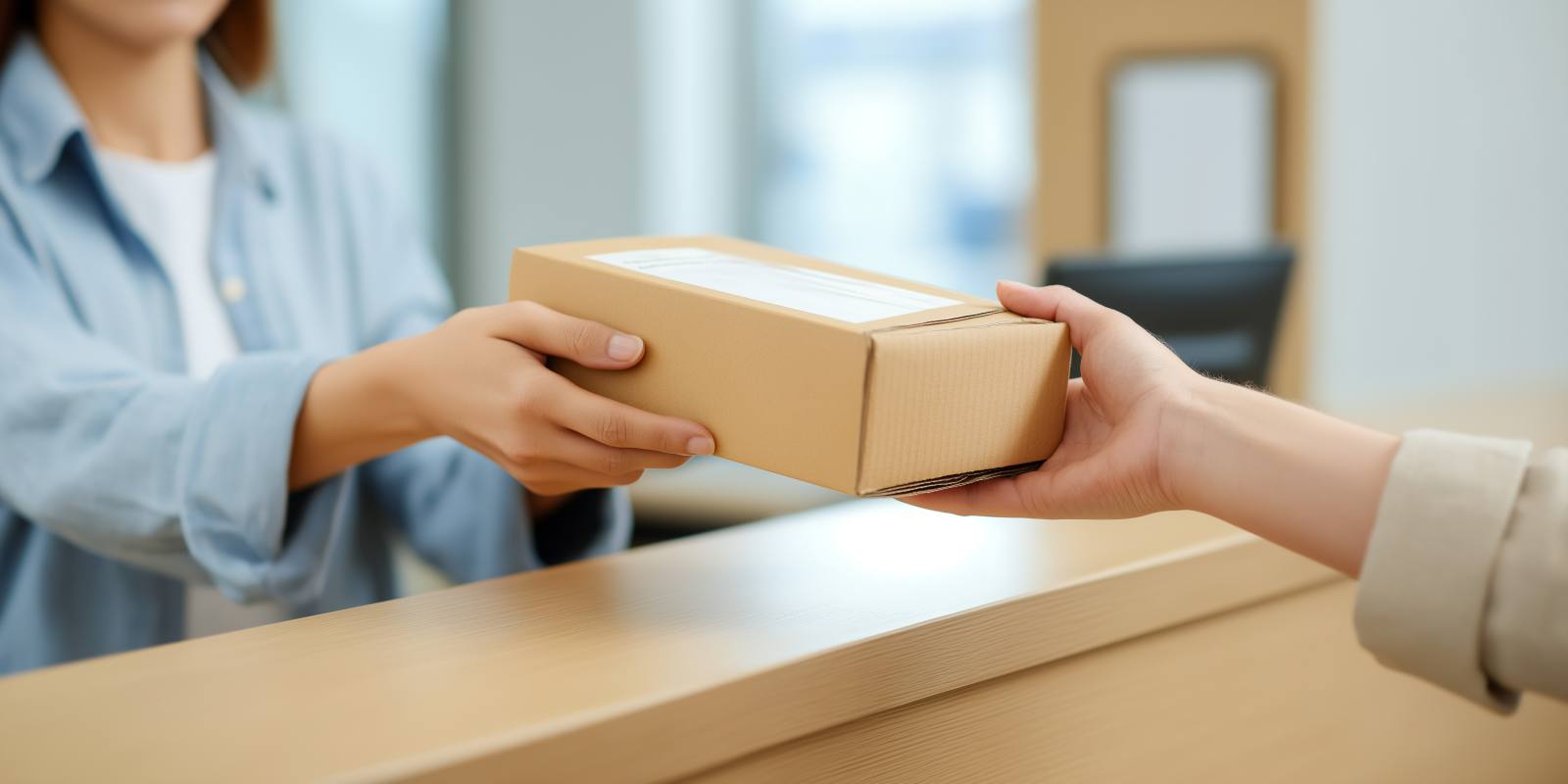 Person Handing A Cardboard Package to A Concierge Over A Counter
