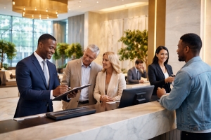 Professional Concierge Personnel Attending Guests in A High-End Building