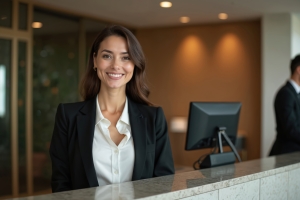 Smiling Female Concierge Standing at Hotel Front Desk