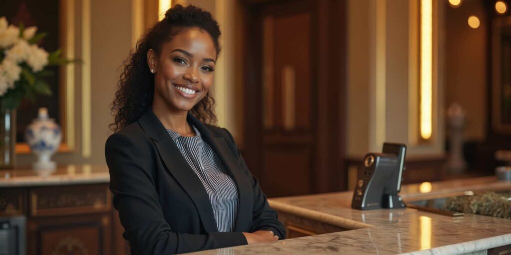 Smiling Front Desk Concierge Behind Marble Counter in Hotel