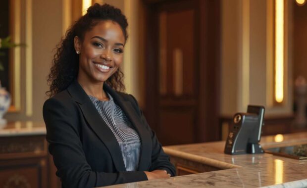 Smiling Front Desk Concierge Behind Marble Counter in Hotel