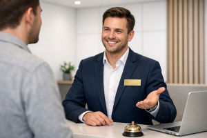 Smiling Hotel Concierge Communicating with Guest at Front Desk
