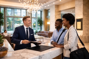 Smiling Property Manager Showing List to Tenants at His Desk