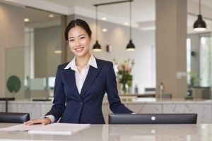 Concierge in Professional Uniform Standing at Her Desk
