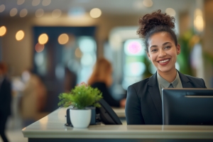 Female Concierge Working on Her Computer at Her Desk