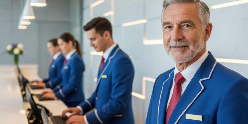 Professional Concierge Team in Blue Dress Working on Their Desk