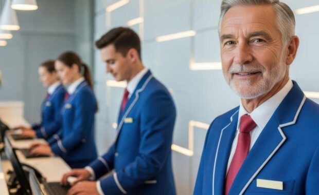 Professional Concierge Team in Blue Dress Working on Their Desk