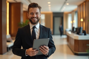 Smiling Hotel Concierge with Digital Tablet Ready to Assist Guests