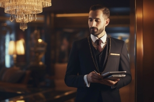 Concierge Working at Apartment Building with Digital Tablet