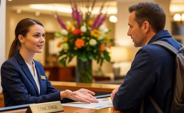 Female Concierge Assisting A Guest at Front Desk in Modern Building