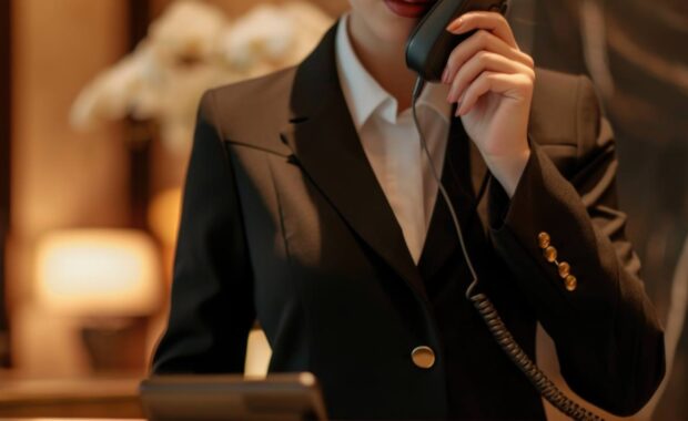 Female Concierge Talking on Call at Her Desk