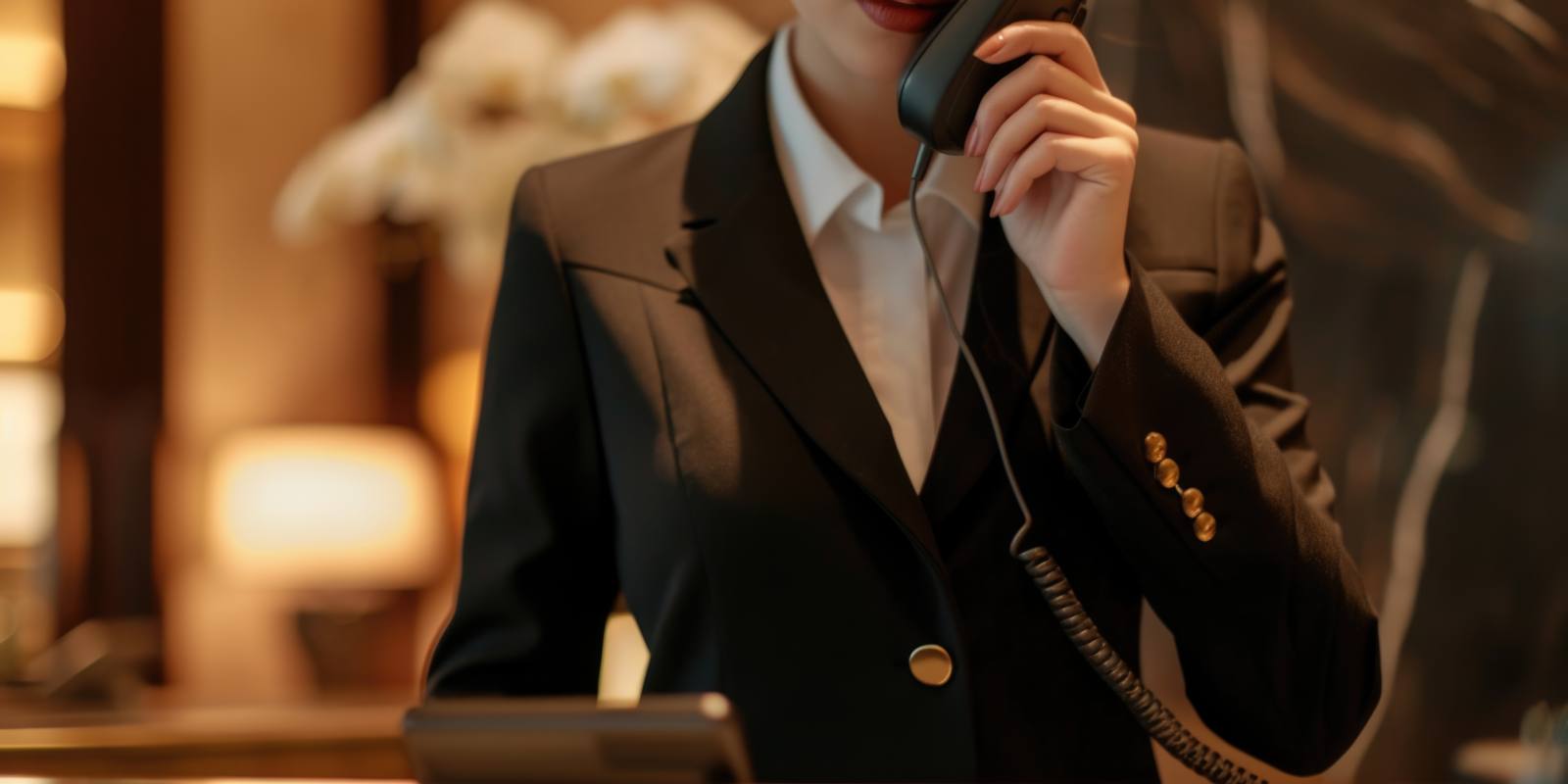 Female Concierge Talking on Call at Her Desk