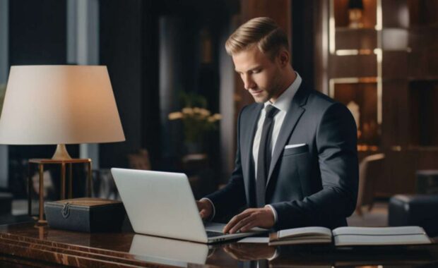 Male Concierge Working on Laptop at His Desk in Apartment Building