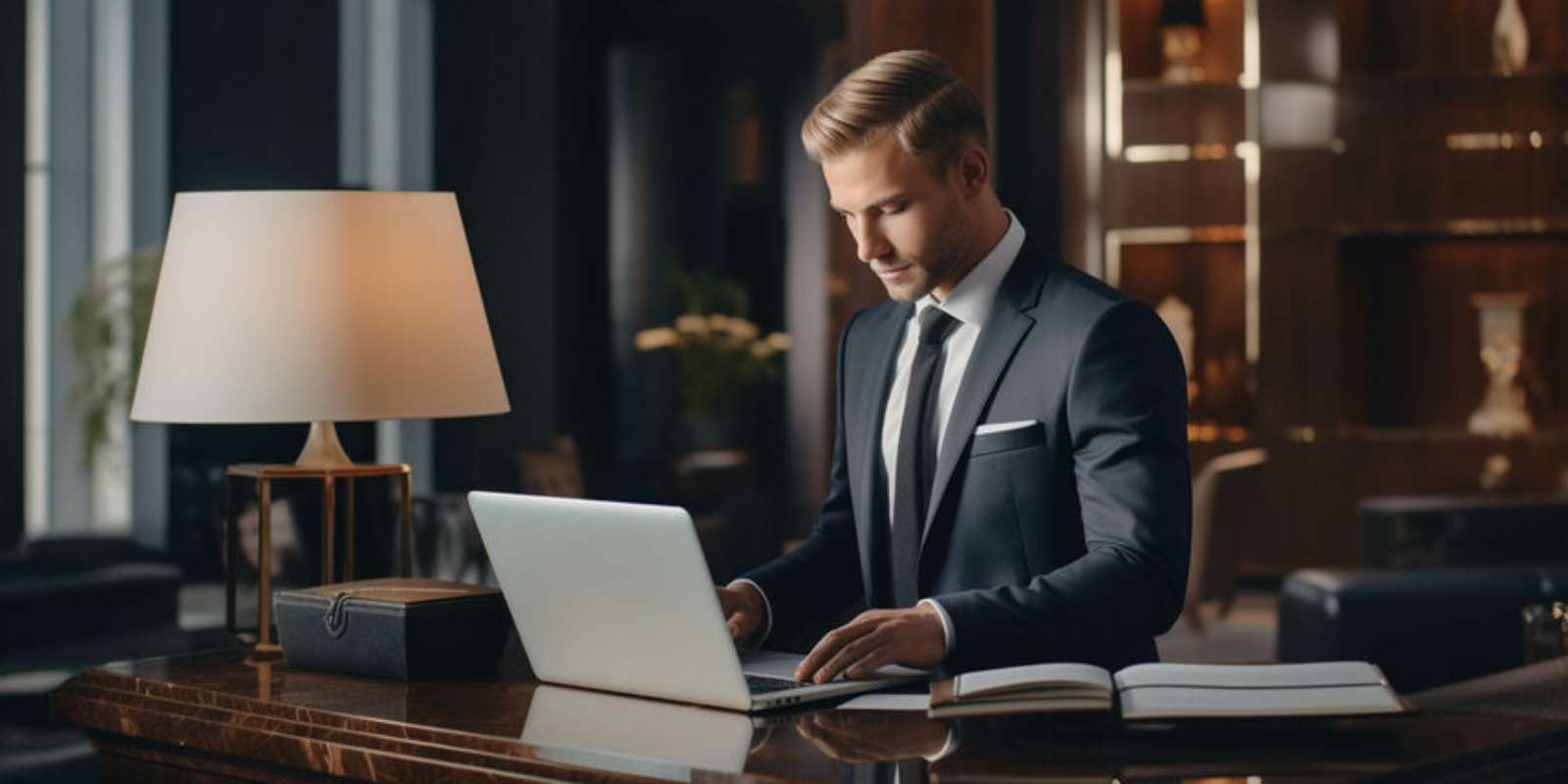 Male Concierge Working on Laptop at His Desk in Apartment Building