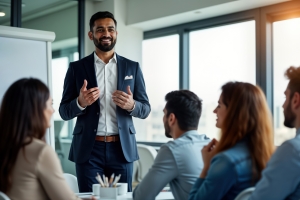 Businessman Instructing Employees in Cross-Training Session