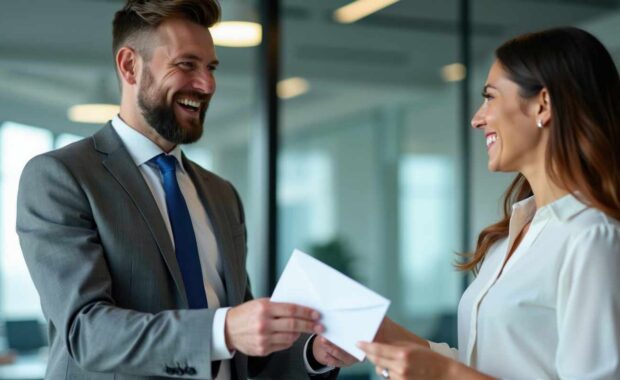 Owner Giving Compensation Check in Envelope to Property Manager