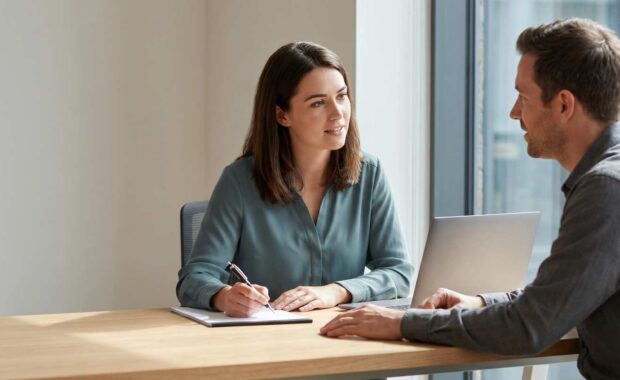 Professional Woman Conducting Job Interview with Male Candidate in Office