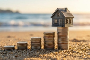 Property Icon Over Large Stack of Coins Representing Big Property Management Turnover
