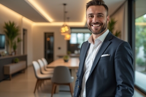 Smiling Property Manager Standing in Lobby Near Table and Chairs