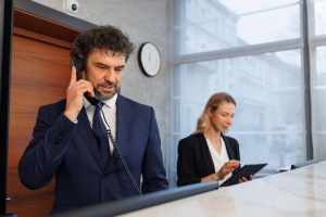 Male Concierge Standing at His Desk Listening to Guest Issues on Phone