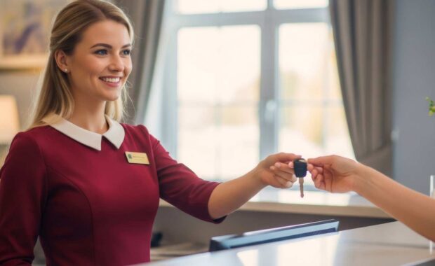 Smiling Apartment Concierge Giving Room Key to a Guest
