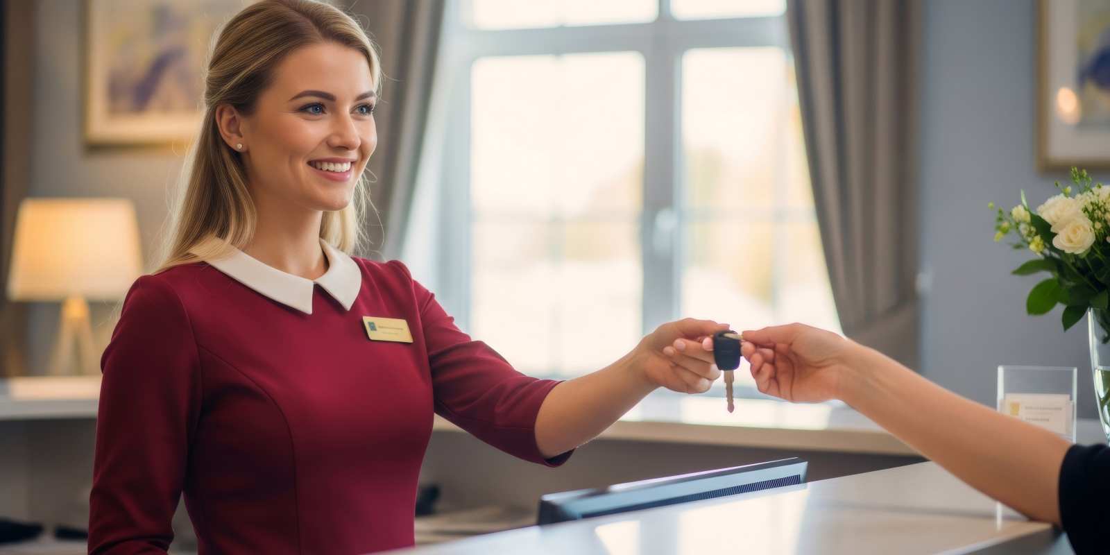 Smiling Apartment Concierge Giving Room Key to a Guest