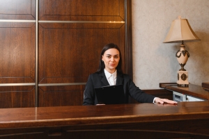 Smiling Apartment Concierge Providing Professional Services