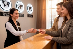 Smiling Female Apartment Concierge Giving Entry Card to a Young Couple at Her Desk