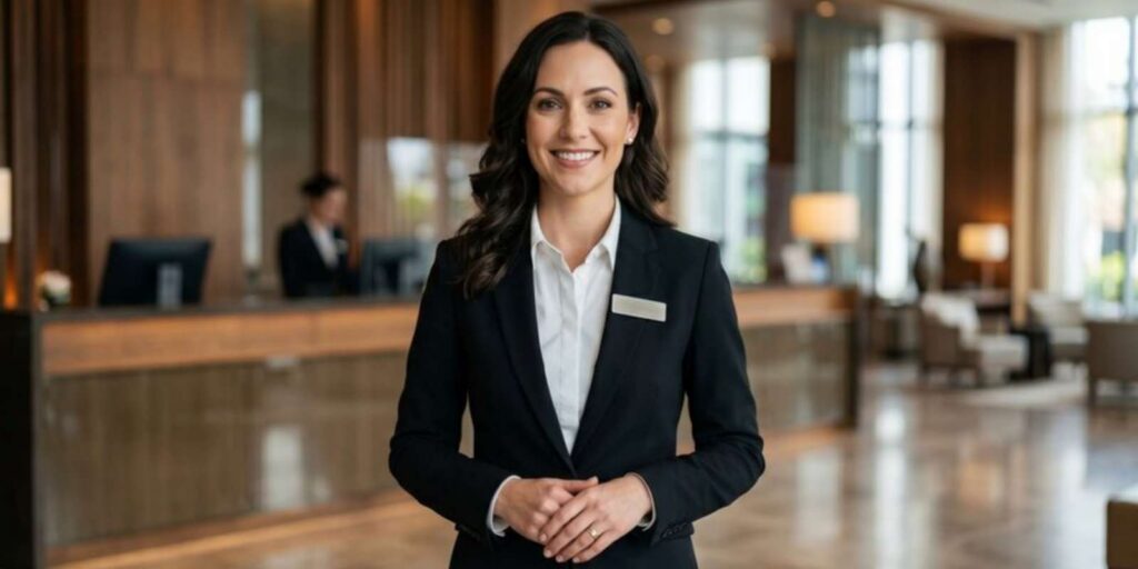 Smiling Female Concierge Standing in Luxury Apartment Lobby